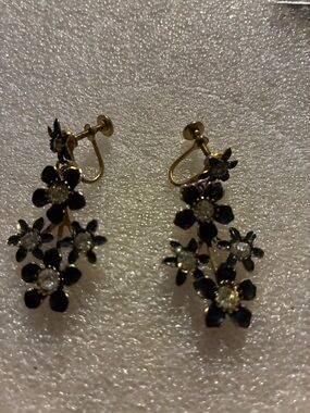 Gold-Tone Black Floral Drop Earrings with Clear Stones antique